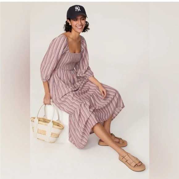 Marine Layer Ivy Brook dust linen strips smocked midi dress - Picture 1 of 10